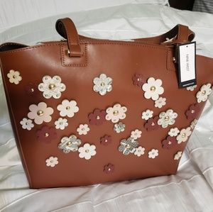 NWT Nine West brown leather flower applique tote